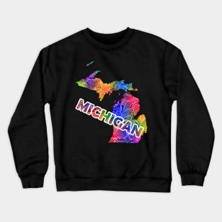 Colorful mandala art map of Michigan with text in multicolor pattern Crewneck Sweatshirt